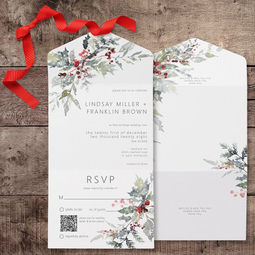 Rustic Winter Holly Berries  Snow QR Code All In One Invitation