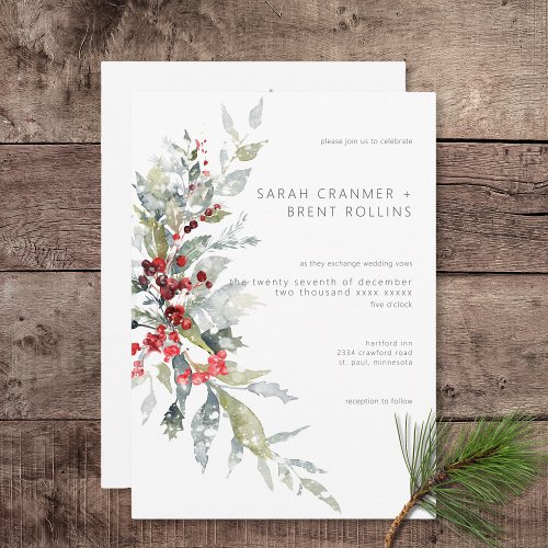 Rustic Winter Holly Berries  Snow Wedding Invitation