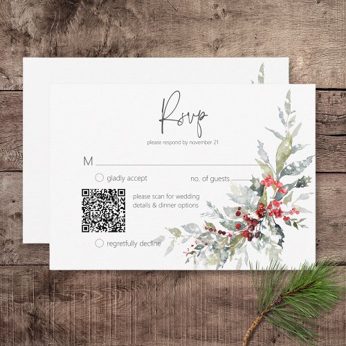 Rustic Winter Holly Berries  Snow Wedding QR Code RSVP Card