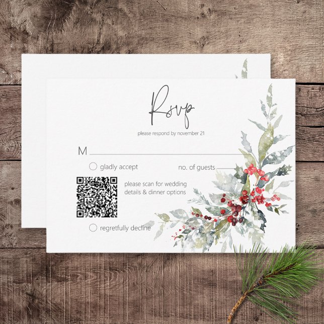 Rustic Winter Holly Berries & Snow Wedding QR Code RSVP Card (Rustic Winter Holly Berries & Snow Wedding Response Card with QR Code)