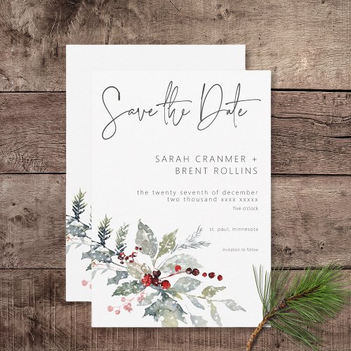 Rustic Winter Holly Berries  Snow Wedding Save The Date