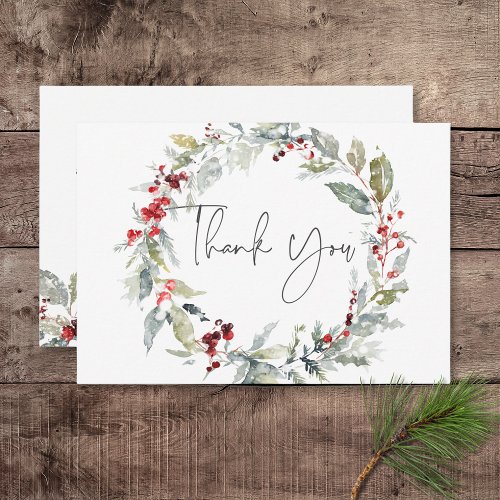 Rustic Winter Holly Berries  Snow Wedding Thank You Card