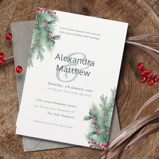Rustic Winter Holly Berries Wedding Invitation (Creator Uploaded)