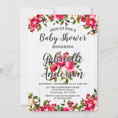 Rustic Winter Holly  Berry Baby Shower Invitation