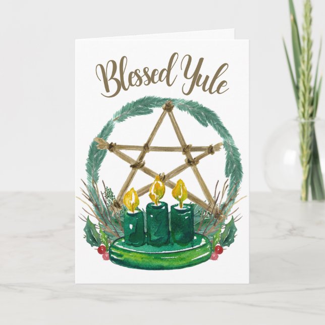 Rustic Winter Holly Candles Merry Blessed Yule Card (Front)