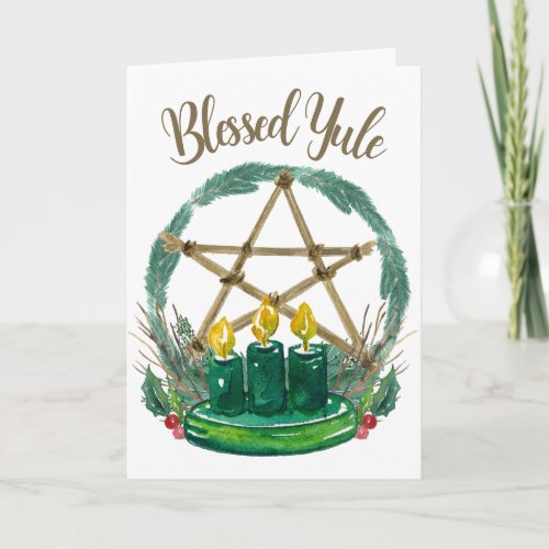 Rustic Winter Holly Candles Merry Blessed Yule Card