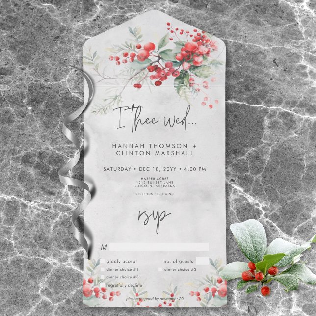 Rustic Winter Holly & Pine Wedding Dinner All In One Invitation (Rustic Winter Berries & Pine Wedding Dinner All In One Invitation)