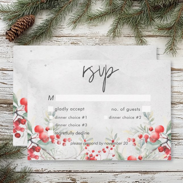 Rustic Winter Holly & Pine Wedding Dinner RSVP Card (Rustic Winter Holly & Pine Wedding Dinner RSVP Card)