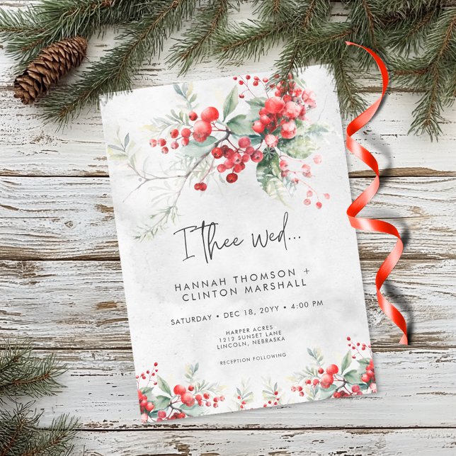 Rustic Winter Holly & Pine Wedding Invitation (Rustic Holly & Pine Wedding Invitation)