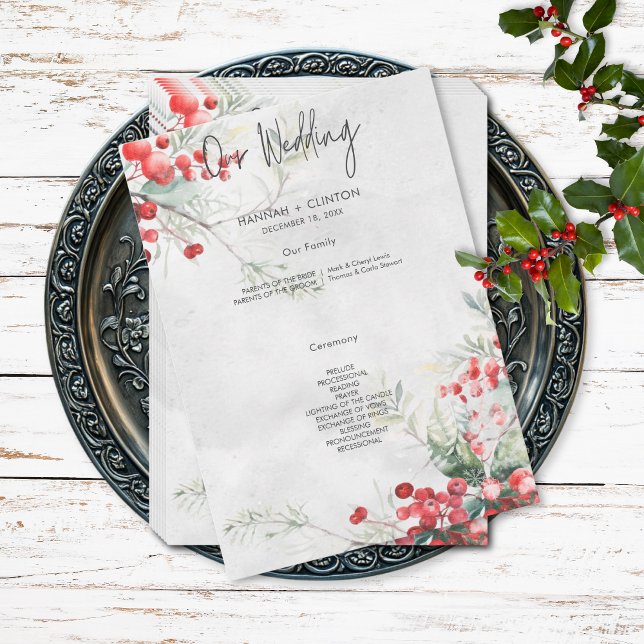 Rustic Winter Holly & Pine Wedding Program (Rustic Winter Holly & Pine Wedding Program)