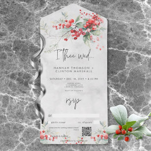Rustic Winter Holly & Pine Wedding QR Code All In One Invitation