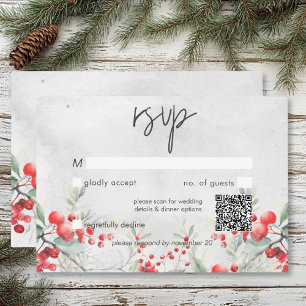 Rustic Winter Holly & Pine Wedding QR Code RSVP Card