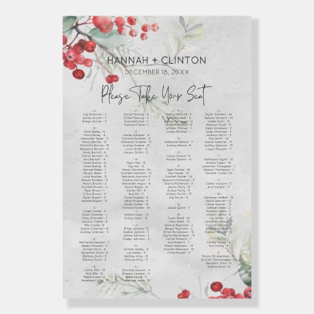 Rustic Winter Holly & Pine Wedding Seating Chart Foam Board (Front)