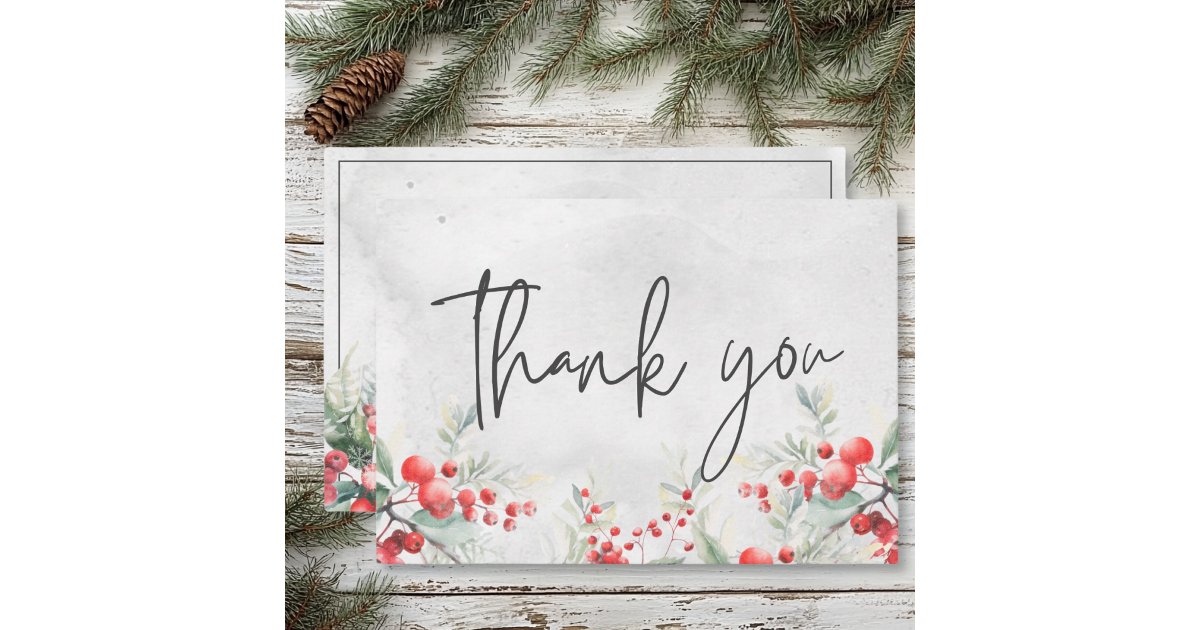Rustic Winter Holly & Pine Wedding Thank You Card | Zazzle