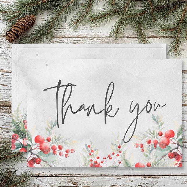Rustic Winter Holly & Pine Wedding Thank You Card (Rustic Winter Holly & Pine Wedding Thank You Card)