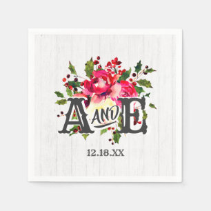 Rustic Winter Holly White Wood Wedding Monogram Paper Napkins