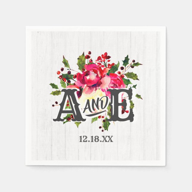 Rustic Winter Holly White Wood Wedding Monogram Paper Napkins (Front)