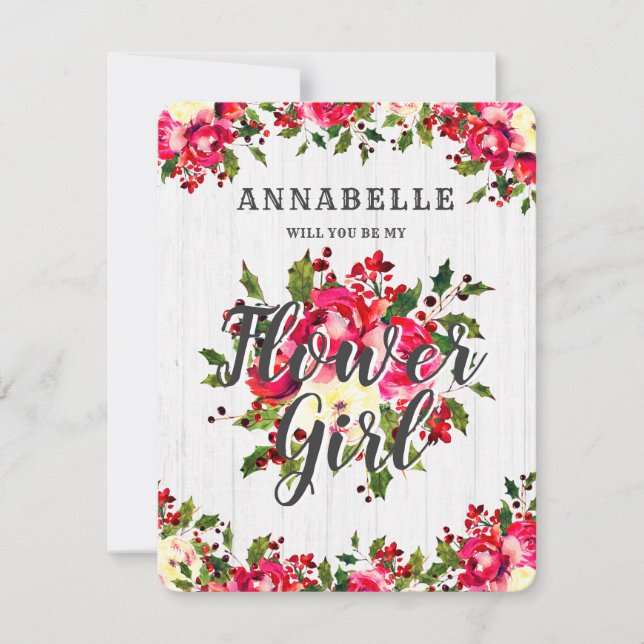 Rustic Winter Holly Will You Be My Flower Girl Invitation (Front)