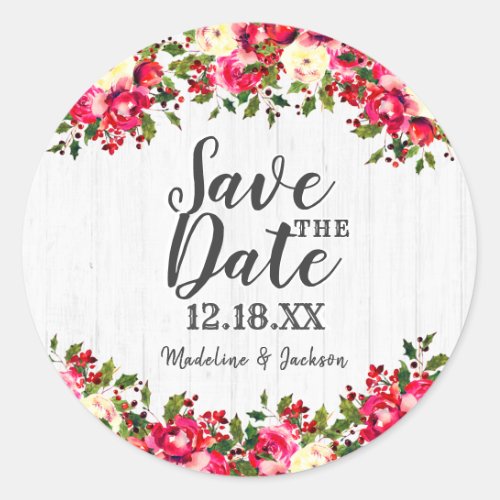 Rustic Winter Holly Wood Wedding Save The Date Classic Round Sticker