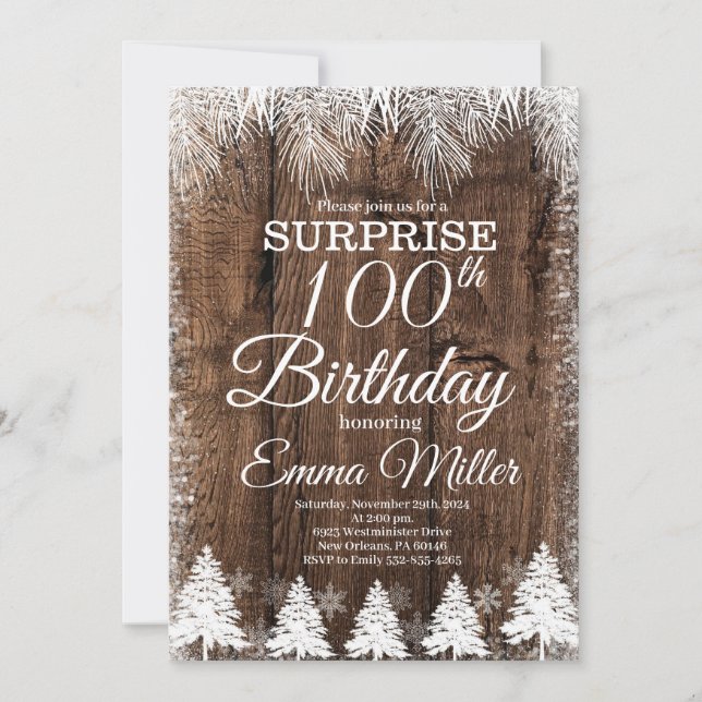 Rustic Winter invite, 100th Birthday Party Invitation (Front)