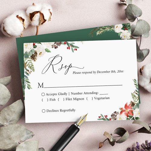 Rustic Winter Ivory Floral Pine Cone Wedding RSVP Card