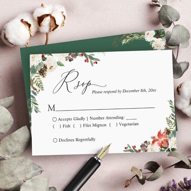 Rustic Winter Ivory Floral Pine Cone Wedding RSVP Card (Creator Uploaded)