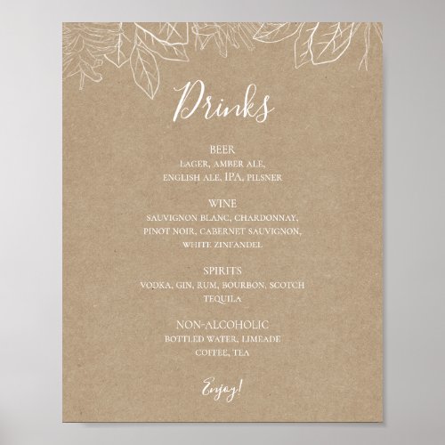 Rustic Winter  Kraft Wedding Drinks Menu Sign