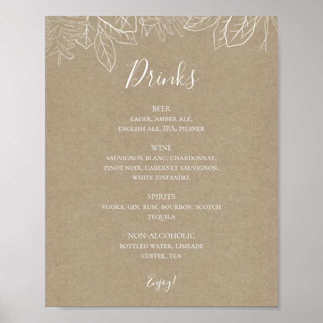 Rustic Winter | Kraft Wedding Drinks Menu Sign (Front)