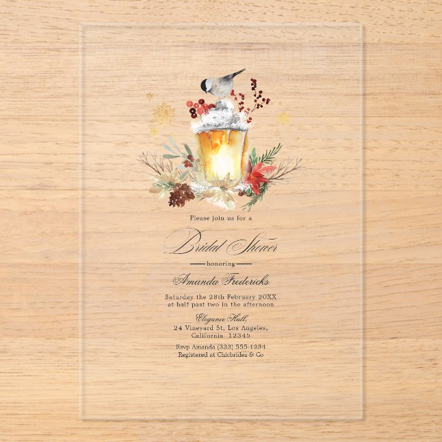 Rustic Winter Lantern Transparent Bridal Shower Acrylic Invitations (Front)