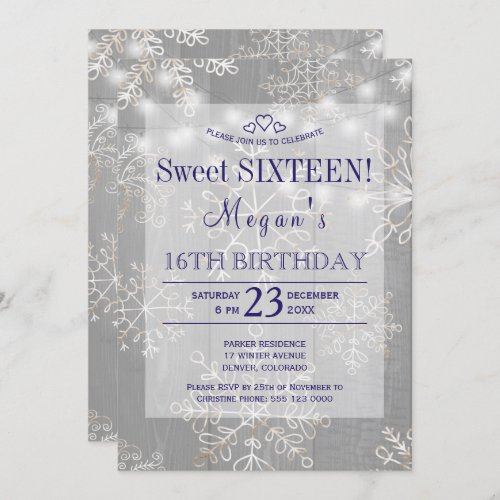 Rustic winter lights barn wood sweet sixteen invitation