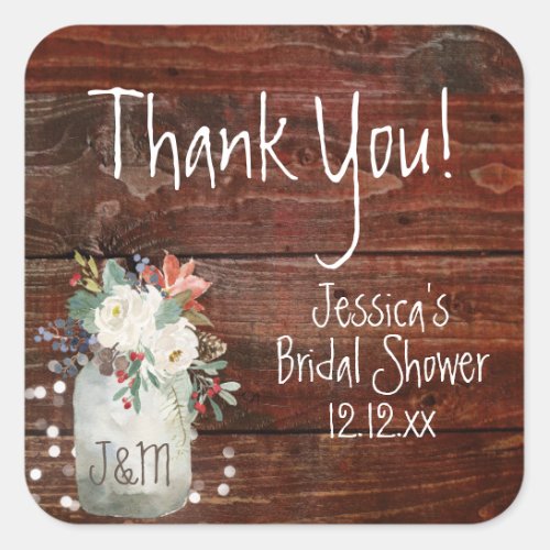 Rustic Winter Mason Jar Holiday Lights Thank You Square Sticker