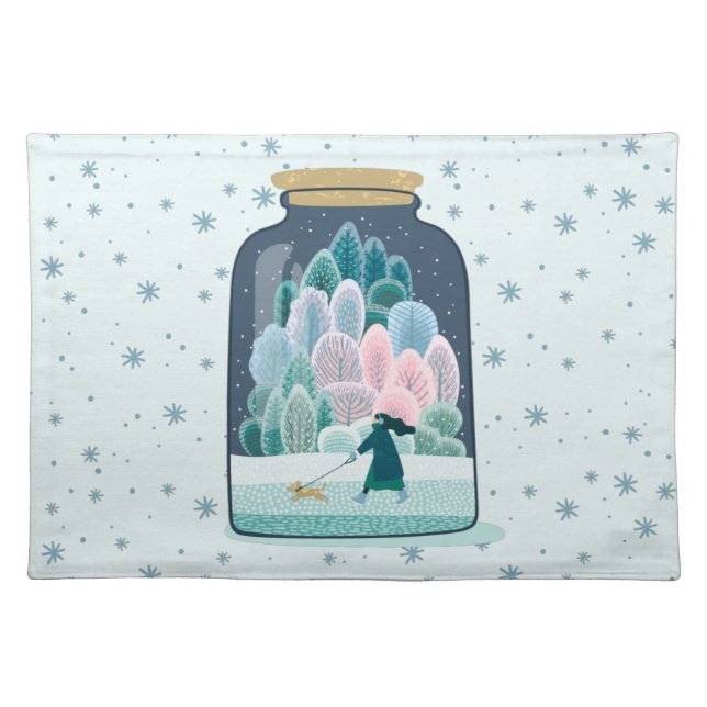 Rustic Winter Mason Jar with Trees dog walker Cloth Placemat (Front)