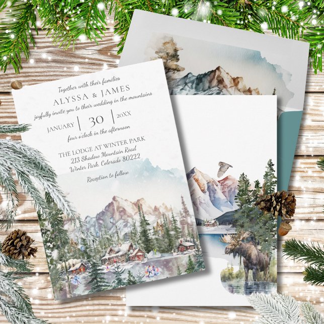 Rustic Winter Mountain Lodge Wedding Invitation (Creator Uploaded)