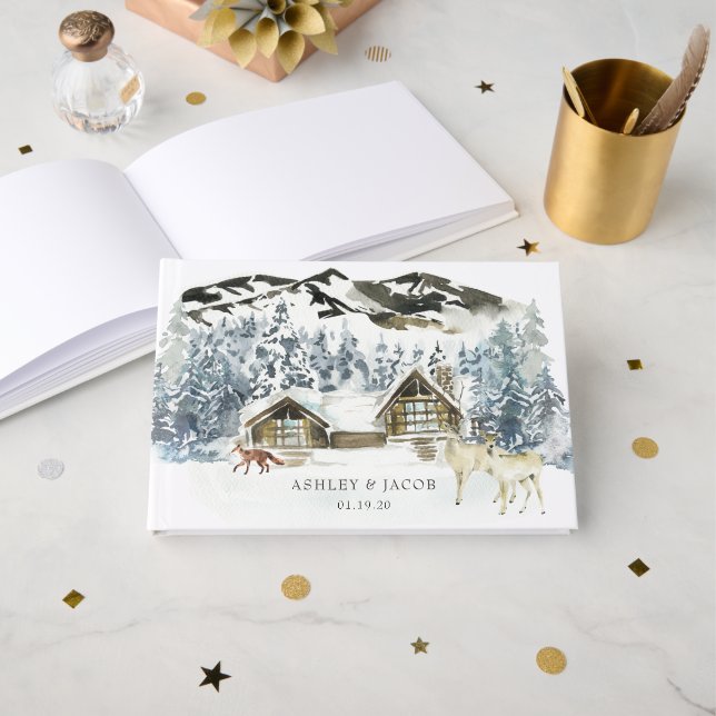 Rustic Winter Mountain Wedding Guest Guest Book (Front Open)