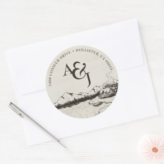Rustic Winter Mountain Wedding Monogram Classic Round Sticker (Envelope)