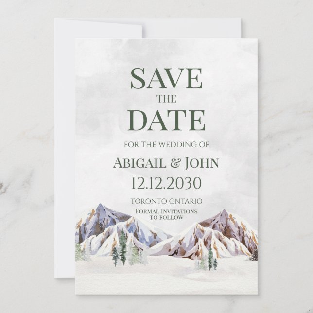 Rustic Winter Mountain Wedding Save the Date Card (Front)
