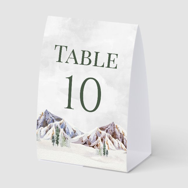 Rustic Winter Mountain Wedding Table Number Paper Table Tent (Front)
