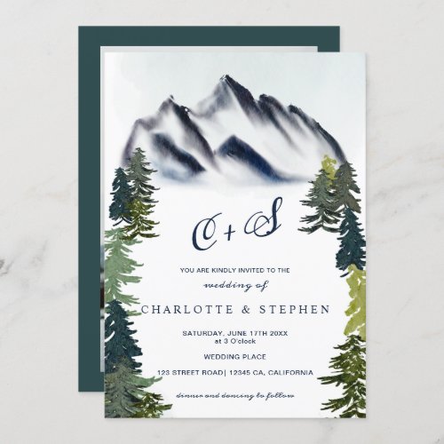 Rustic winter mountains forest photo wedding invitation