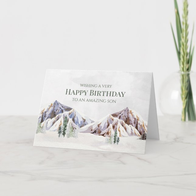 Rustic Winter Mountains Happy Birthday Son Card (Front)