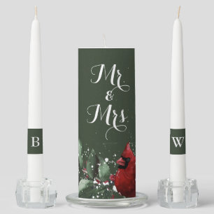 Rustic Winter Mr. Mrs. Monogram Christmas Wedding Unity Candle Set
