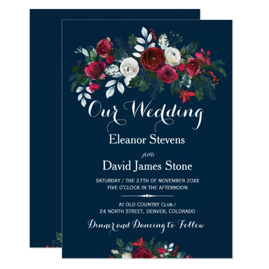 rustic winter navy blue burgundy floral wedding invitation red and white outside christmas lights