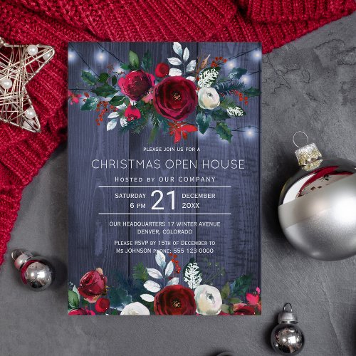 Rustic Winter Navy Red Floral Christmas Open House Invitation