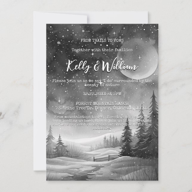 Rustic Winter Night Mountain Tree Outdoor Wedding  Invitation (Front)
