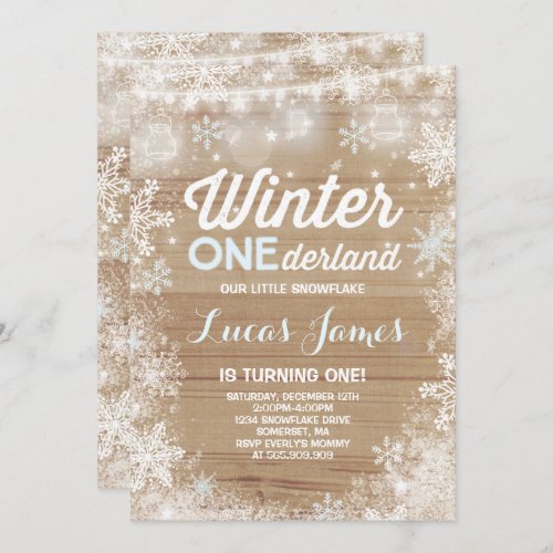 Rustic Winter ONEderland Birthday Invitation Blue