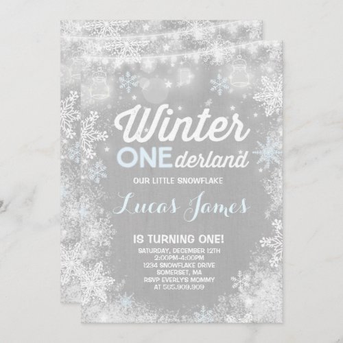 Rustic Winter ONEderland Birthday Invitation Blue