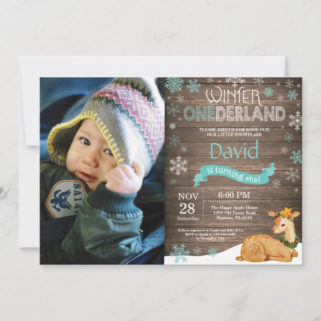 Rustic Winter Onederland Deer 1st Birthday Invitation (Front)