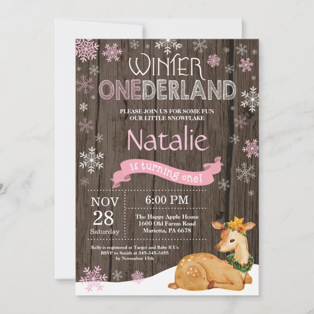 Rustic Winter Onederland Deer 1st Birthday Invitation (Front)