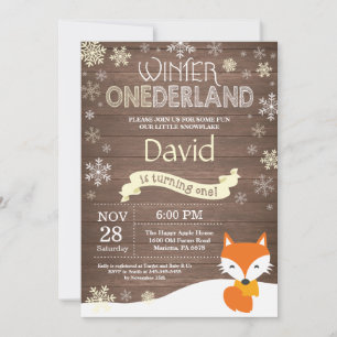 Rustic Winter Onederland Fox 1st Birthday Invitation