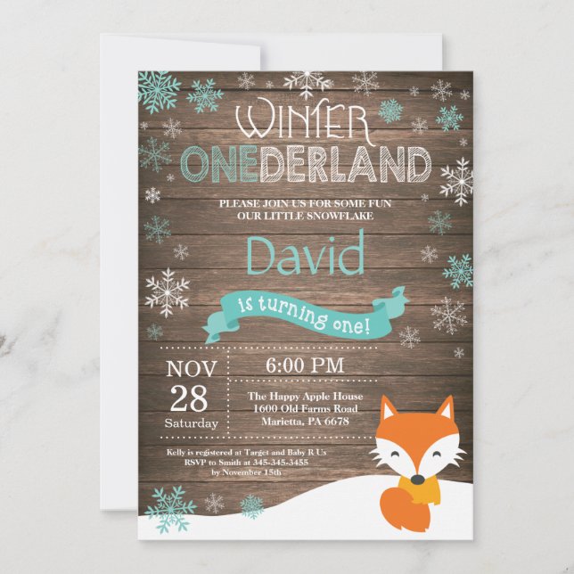 Rustic Winter Onederland Fox 1st Birthday Invitation (Front)
