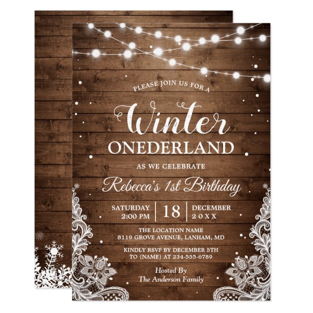Rustic Winter ONEderland Lace Baby First Birthday Invitation